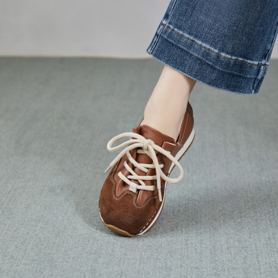 棕色德训鞋女2026春秋新款头层牛皮阿甘鞋软底复古运动休闲鞋子