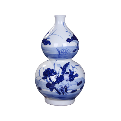 艺锦蓝国产景德镇陶瓷器手绘青花瓷浮雕花瓶现代中式客厅摆件电视柜家居装饰手绘青花浮雕葫芦瓶