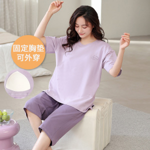 女士夏季带胸垫棉质睡衣短袖七分裤套装休闲宽松可外穿家居服大码