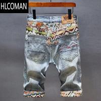 HLCOMAN日系刺绣破洞牛仔短裤男士韩版修身弹力直筒五分裤夏季薄款中裤子