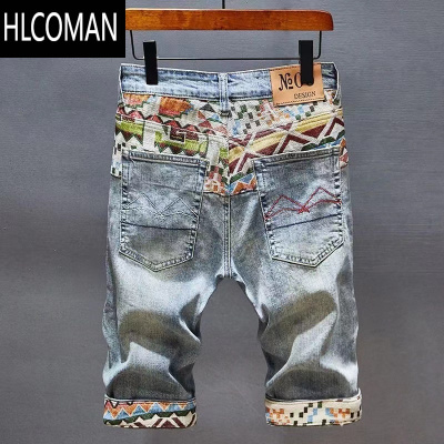 HLCOMAN日系刺绣破洞牛仔短裤男士韩版修身弹力直筒五分裤夏季薄款中裤子