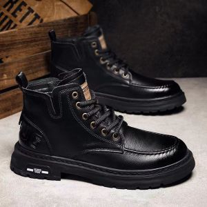 马丁靴男真皮休闲短靴男士高端美式复古中帮黑色工装鞋潮_0874