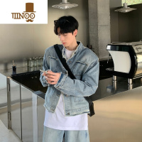 YANXUONELYC1 春季毛边立领水洗牛仔外套垫肩休闲夹克做旧渐变上衣男