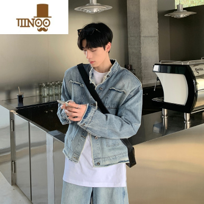 YANXUONELYC1 春季毛边立领水洗牛仔外套垫肩休闲夹克做旧渐变上衣男