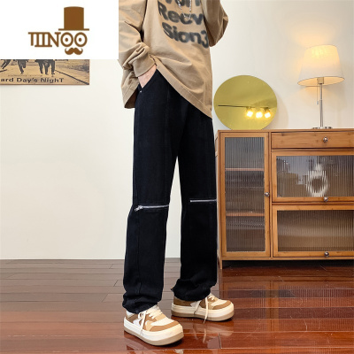 YANXU美式vibe风高街复古黑色拉链牛仔裤男宽松直筒设计感小众炸街裤子