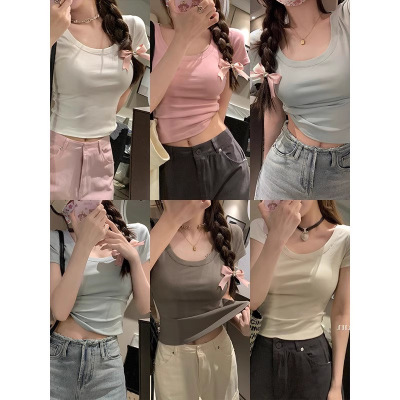 正肩u领露锁骨短袖纯色T恤女夏新款修身短款内搭设计感上衣INS潮
