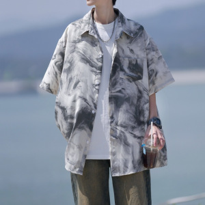 男装夏季海岛度假男女同款宽松短袖花衬衫痞帅时尚潮牌休闲男衬衣