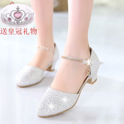 SUNTEK女童高跟鞋单鞋儿童公主鞋小女孩水晶鞋子学生表演出银色舞蹈皮鞋休闲鞋