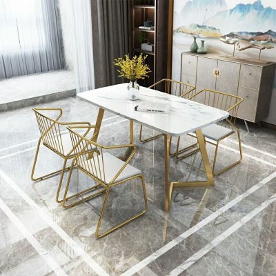 北欧ins网红大理石餐桌家用小户型饭桌轻奢餐桌椅组合铁艺长方形