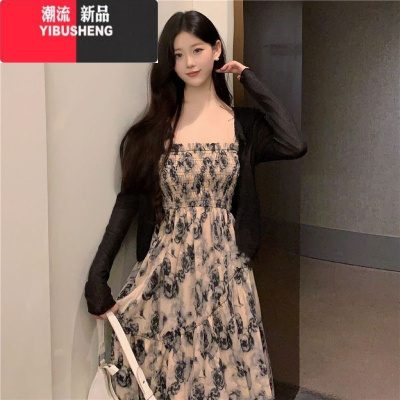 YIBUSHENG大码桔梗法式碎花吊带连衣裙外搭罩衫胖mm显瘦裙子女季温柔长裙