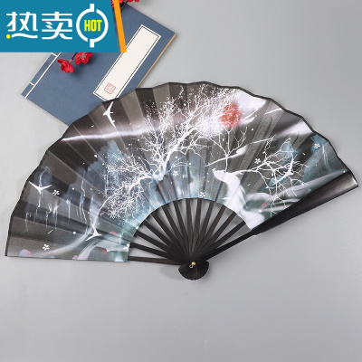 XIANCAI9寸折扇双面复古风扇子中国风折叠扇套绫绢竹扇汉服配饰夏季男扇 灵山白蛟