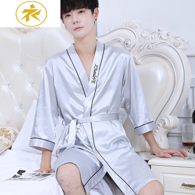 Ideamini夏季男士睡袍冰丝睡衣长袖浴袍丝绸薄款家居服短袖新款春秋款大码