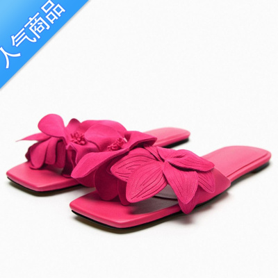 SUNTEK玫红色花朵装饰平底凉鞋2023年夏季新款性感百搭法式露趾拖鞋女
