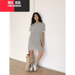 YIBUSHENG灰色休闲卷边T恤连衣裙季新款遮肚子显瘦显高卫衣裙