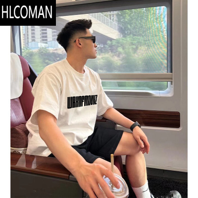 HLCOMAN欧美高街字母短袖T恤男夏季2025百搭创意潮牌正肩宽松小领口上衣