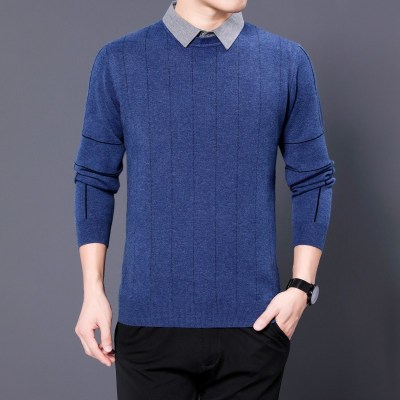 罗曼阿玛尼男装官方旗舰店2020秋冬新款男士毛衣纯色条纹长袖衬衫领单排扣假两件毛衫222