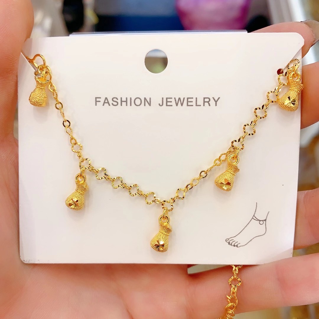 越南沙金不掉色脚链女 镀金转运珠葫芦铃铛脚环个性百搭潮人脚饰