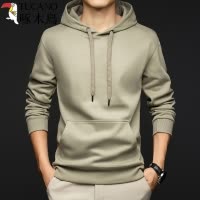 啄木鸟春秋季男士100%纯棉连帽卫衣口袋带帽套头外套纯色上衣服男