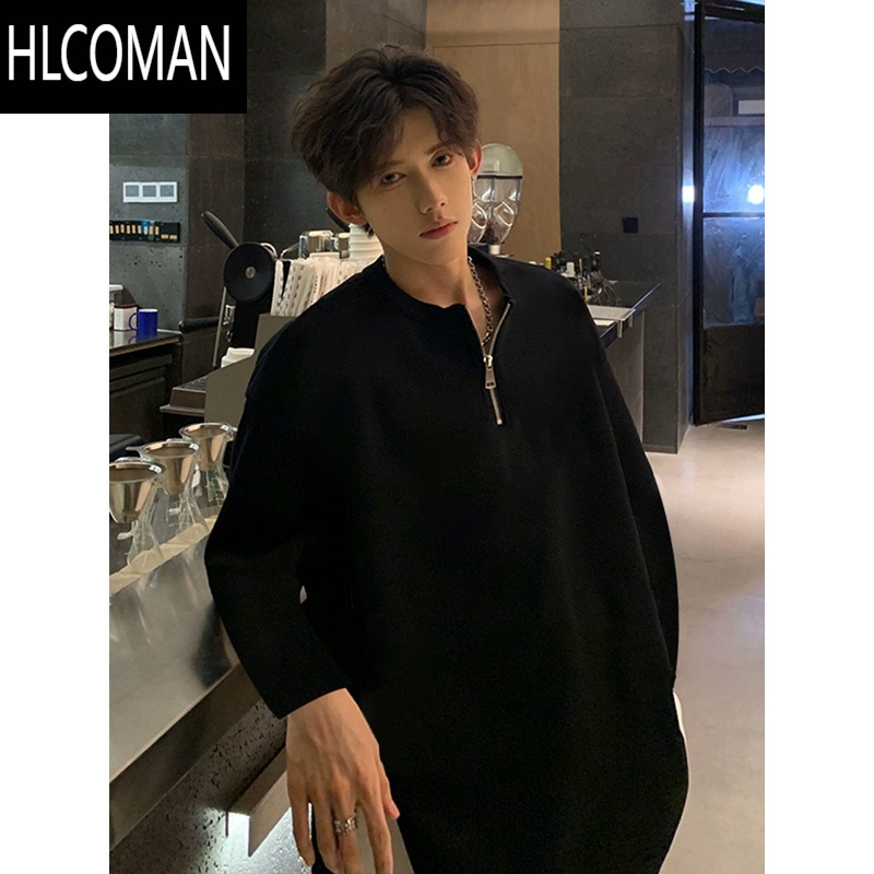 HLCOMAN美式半拉链polo卫衣男模穿搭长袖t恤发型师高级感外套