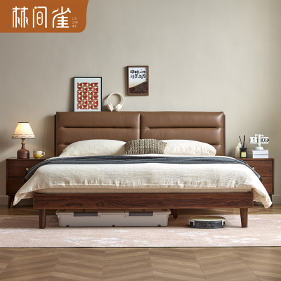 林间雀 现代北美黑胡桃1.5m*2m实木床真皮软靠卧室1.8m*2m双人床主卧家具 JM37#