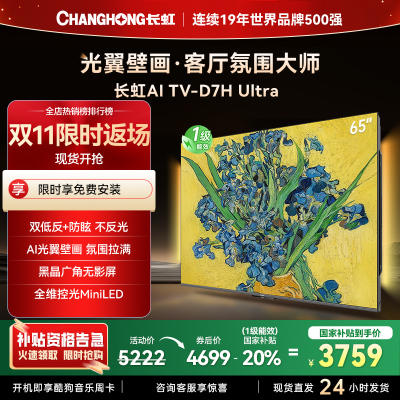 长虹电视65D7H Ultra 65英寸双低反光翼壁画 黑晶广角无影屏 全维控光MiniLED 新品首发政府补贴以旧换新