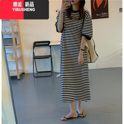 YIBUSHENG季ins韩版设计感蓝色条纹连衣裙遮肚大码女装过膝长裙短袖T恤裙