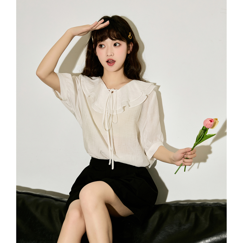 [2.5折价89元]唐狮夏季新款雪纺衬衫女白色短袖衬衣女娃娃领上衣轻薄透气女