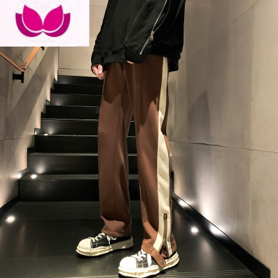 七斓深棕咖色条纹裤子男高街vibe美式卫裤直筒修身侧边拉链开叉微喇裤