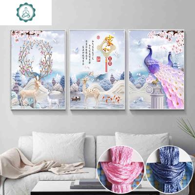 封后(FENGHOU)印花线绣十字绣202019新款孔雀发财鹿家用客厅三联画丝线棉线-满绣-单幅55*65厘米-绣