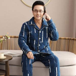 冬季睡衣男士开衫长袖夹层条纹三层加厚保暖大码夹棉袄珊瑚绒睡衣