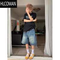 HLCOMAN美式vibe复古水洗做旧牛仔短裤男高街潮牌设计感宽松直筒五分中裤