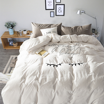 白色水洗棉四件套1.8m绣花白色被套纯棉简约全棉床单床笠床上用品