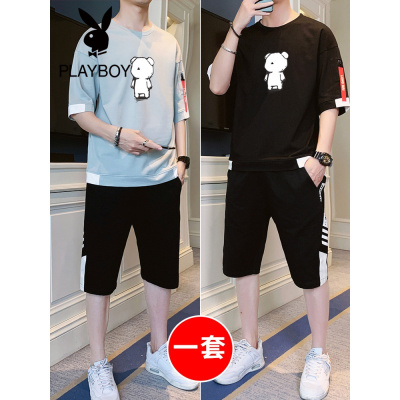 花花公子夏季短袖T恤一套休闲运动套装搭配男韩版潮牌体恤两件套