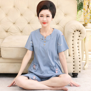 纯棉睡衣女夏季短袖韩版七分裤中老年妈妈高贵大码家居服套装