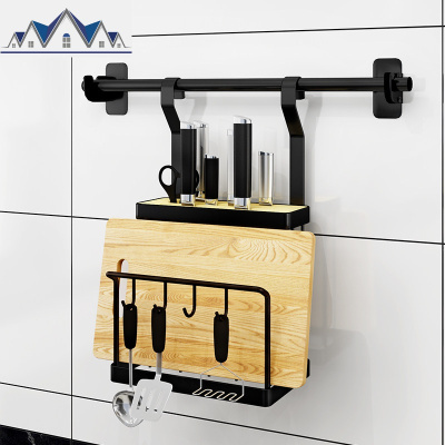 不锈钢免打孔壁挂厨房置物架黑色刀架碗架调料架锅盖架筷笼收纳架 三维工匠