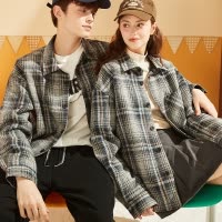 [2.5折价180元]唐狮冬季新款情侣外套格子外套男女休闲宽松厚外套情侣装男女
