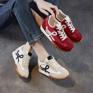 红色厚底德训鞋女鞋新款夏季真皮复古轻便内增高阿甘运动鞋女
