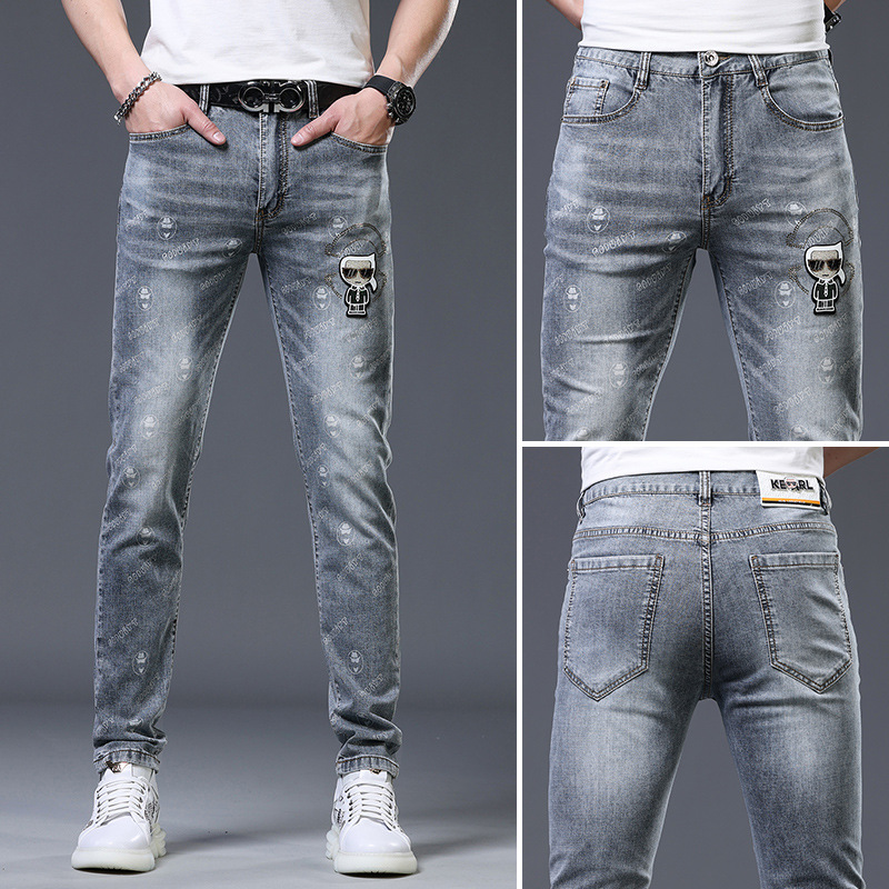 高端欧货牛仔裤男士潮牌夏季薄款百搭印花烫钻修身小脚休闲裤子男