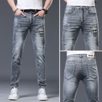 高端欧货牛仔裤男士潮牌夏季薄款百搭印花烫钻修身小脚休闲裤子男