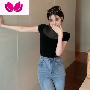 七斓黑色网纱微透蕾丝拼接T恤夏季2023新款辣妹修身时尚短袖上衣女装 黑色 均码