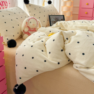 ins风紫色波点牛奶绒床上四件套冬季加厚毛绒床品被套床单三件套