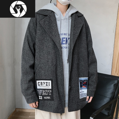 HongZun贴布毛呢料夹克男加肥加大码潮牌胖子外套宽松秋冬装港风衣服2021风衣