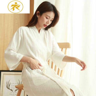 Ideamini睡袍女春秋季棉纱布长袖夏季透气浴袍女中长款睡衣棉薄款浴衣