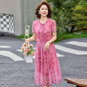 2026年女士休闲妈妈连衣裙夏季网纱款中老年女士长裙子过膝裙中年