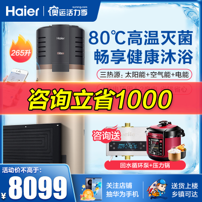 Haier海尔空气能热水器265升家用太空能热水器太阳能空气源热泵WIFI预约一级节能TK48/265-GD7(U1)