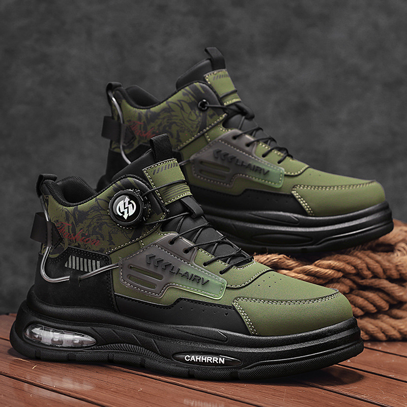 新款高帮男鞋子秋冬季旋转扣皮面厚底增高休闲运动鞋街头潮鞋