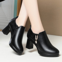 深口单鞋女高跟鞋春秋新款防水台软底粗跟厚底不累脚加绒中年皮鞋