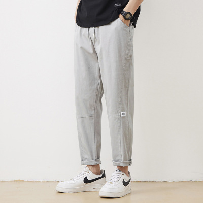 锥形剪裁浅灰休闲裤男款抽绳腰头裤日常通勤贴标卷边长裤子