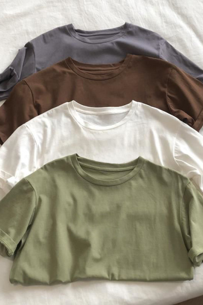 含棉夏装韩版女式纯色圆领宽松打底短袖T恤女宽松学生情侣装衣服