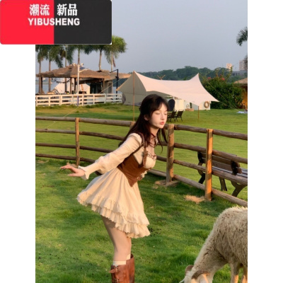 YIBUSHENG可可西里春秋新款收腰显瘦纯欲复古长袖连衣裙+甜美收腰马甲腰封